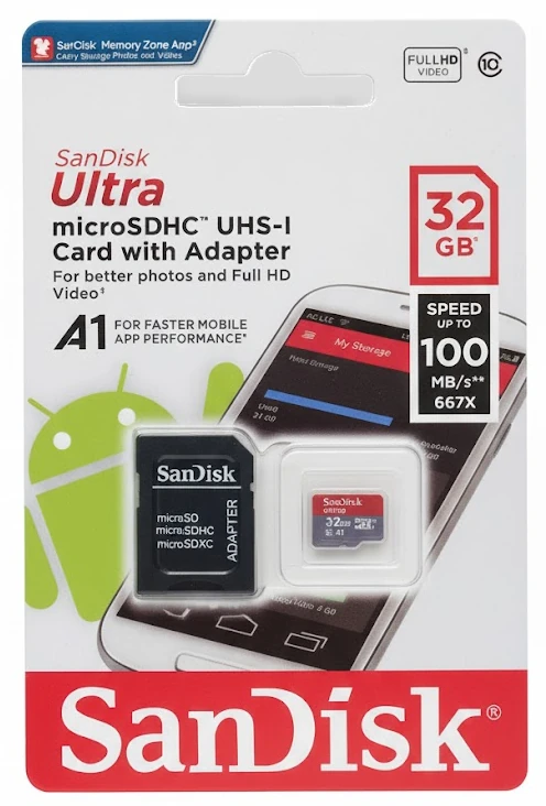 Example of counterfeit SD card packaging showing poor print quality and blurry text.